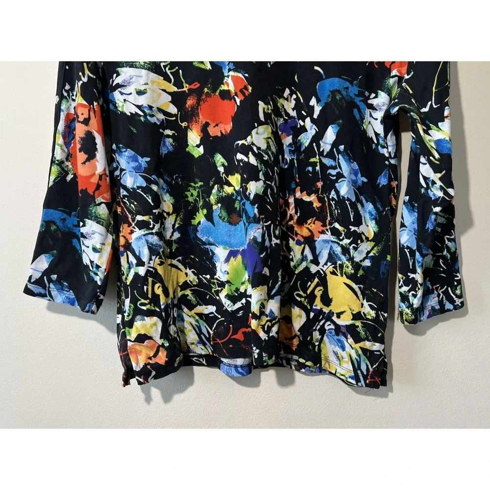 Rafaella Sweater Women XL Floral Studded 3/4‎ Sleeve Ribbed Pullover Black Fall